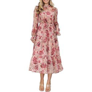 Women's Fall Floral Long Sleeve Midi Dress Boho Casual Wedding Guest